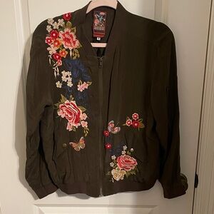 Johnny Was Olive Floral Embroidered Bomber Jacket